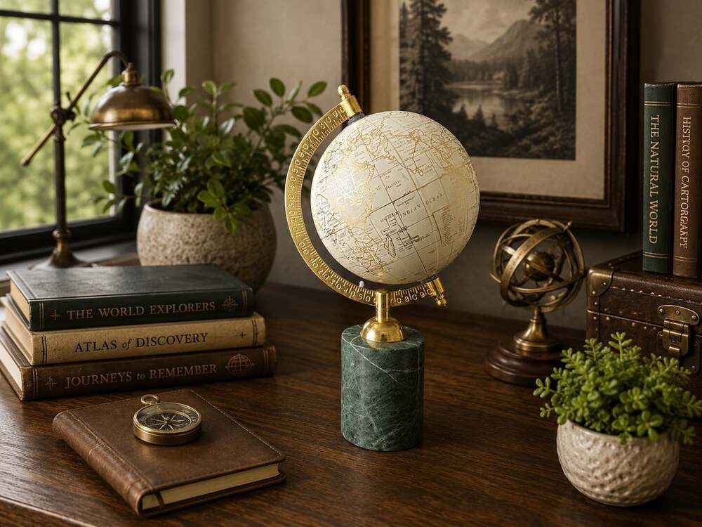 New Travel Tan World Globe Green Marble Base Figurine Room Decor